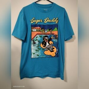 Civilized Blue Graphic T-Shirt with Cartoon Print Medium Sugar Daddy Whimsical